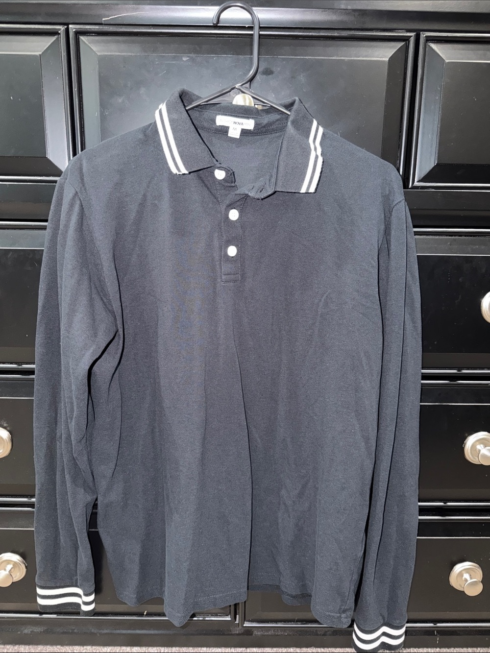 Fashion Nova Black Long-Sleeve Polo with White Striped Collar